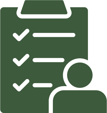 Icon of a clipboard with checkmarks and a person in front.