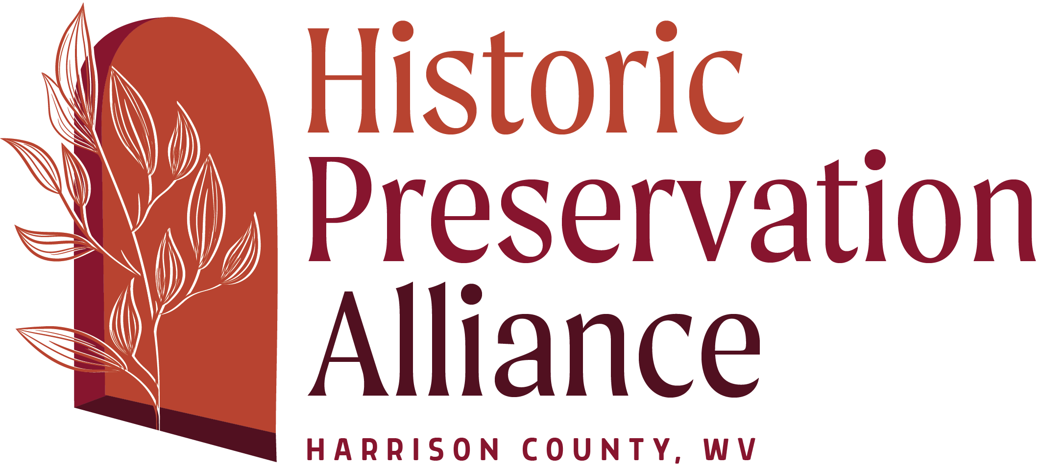 Window with tree leaves in a logo for Historic Preservation alliance in Harrison County West Virginnia