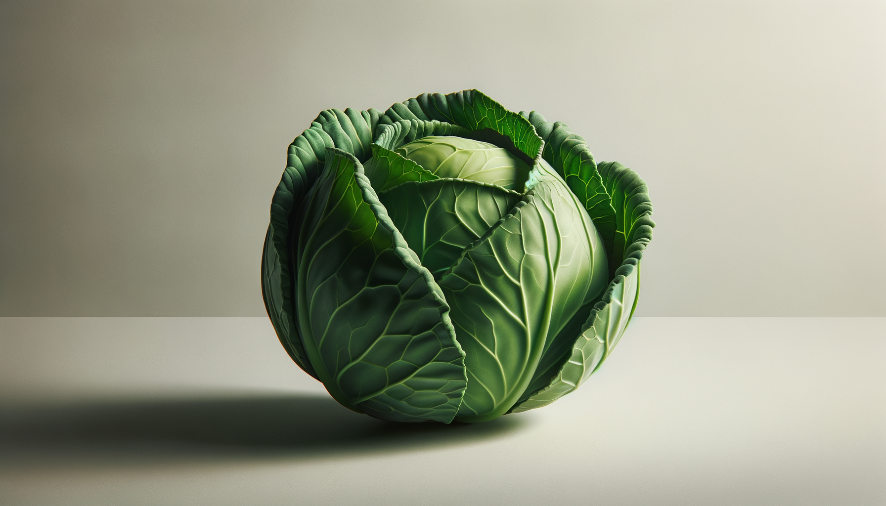 A green cabbage with outer leaves partially peeled back, revealing inner leaves, placed on a neutral surface with a plain background.