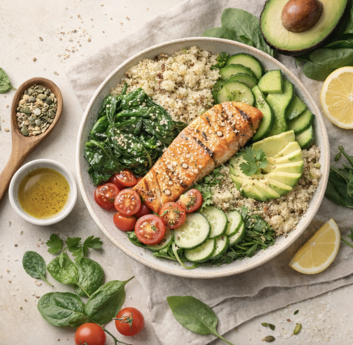 A colorful bowl of healthful food with salmon, cherry tomatoes, sliced cucumbers, avocado, cooked quinoa, sautéed greens, and seasonings, garnished with sesame seeds and cilantro, accompanied by lemon wedges and a small bowl of olive oil.