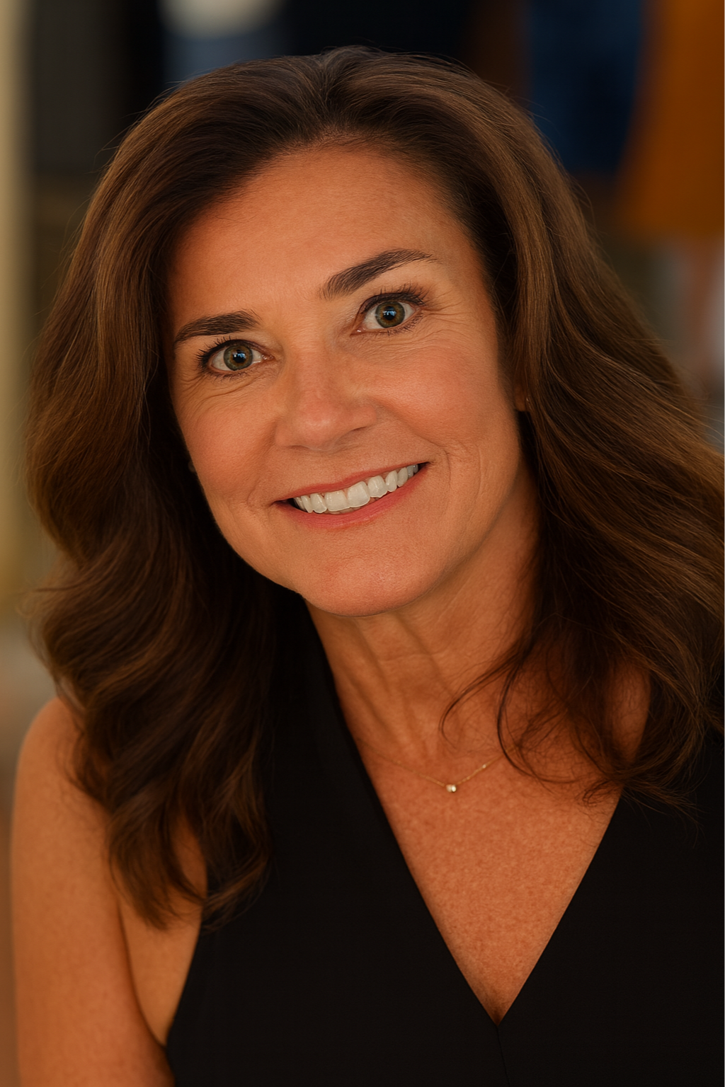 Close-up portrait of a smiling woman with brown, wavy hair and blue eyes, wearing a black top and a delicate gold necklace.