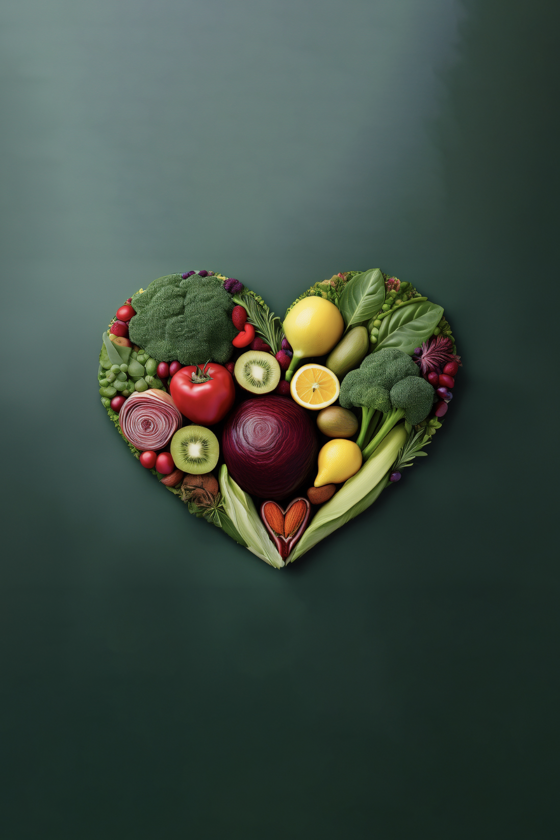 A heart-shaped arrangement of various fresh vegetables and fruits, including broccoli, tomatoes, lemon, orange, blueberries, grapes, kiwi, and lettuce on a solid green background.