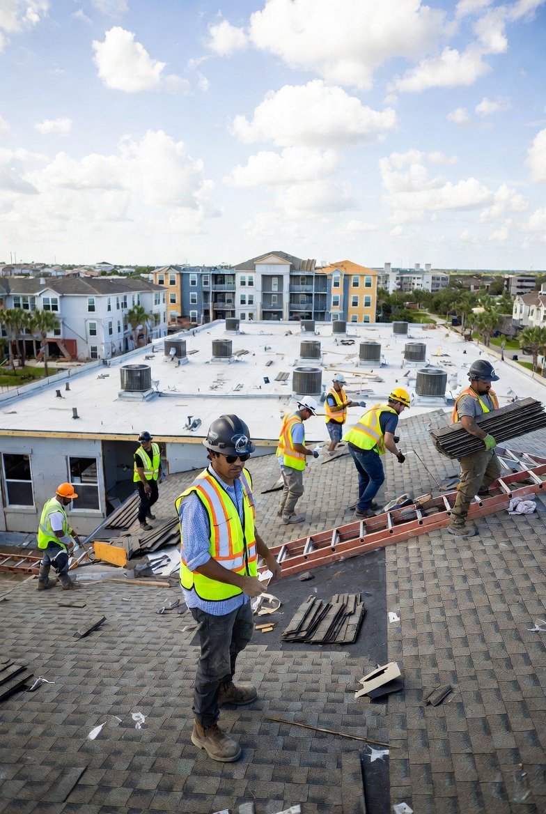 Construction workers on a rooftop installing shingles under a partly cloudy sky, with residential buildings in the background.