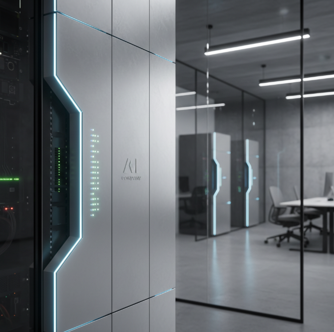 Data servers in a modern office data center with glass walls and LED lighting.
