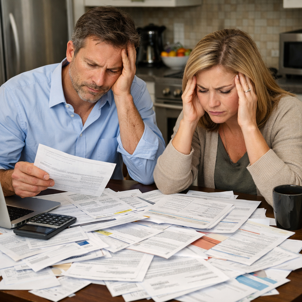 A man and woman sitting at a table covered with documents, looking stressed and overwhelmed as they analyze paperwork.