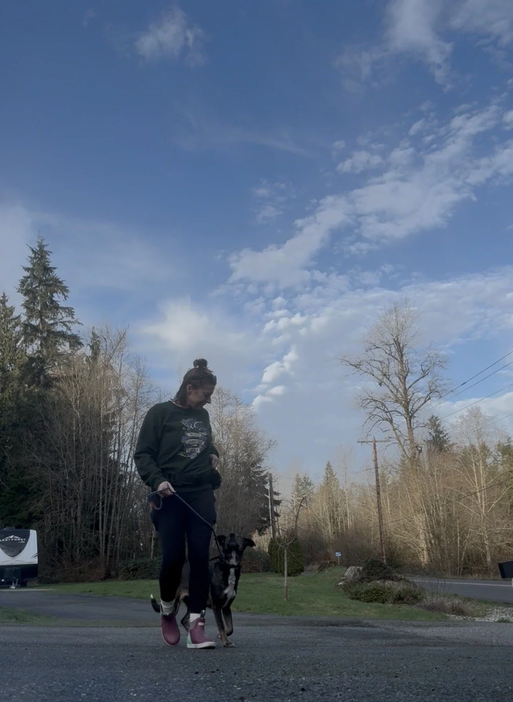 A woman walking a dog on a leash outdoors during daytime, with a background of trees and a partly cloudy sky.