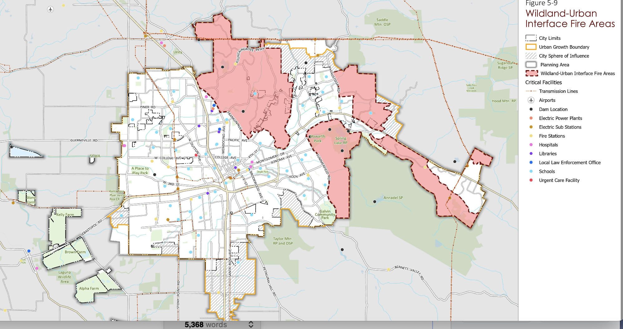The wildland urban interface, where houses are most vulnerable to wildfires, Santa Rosa