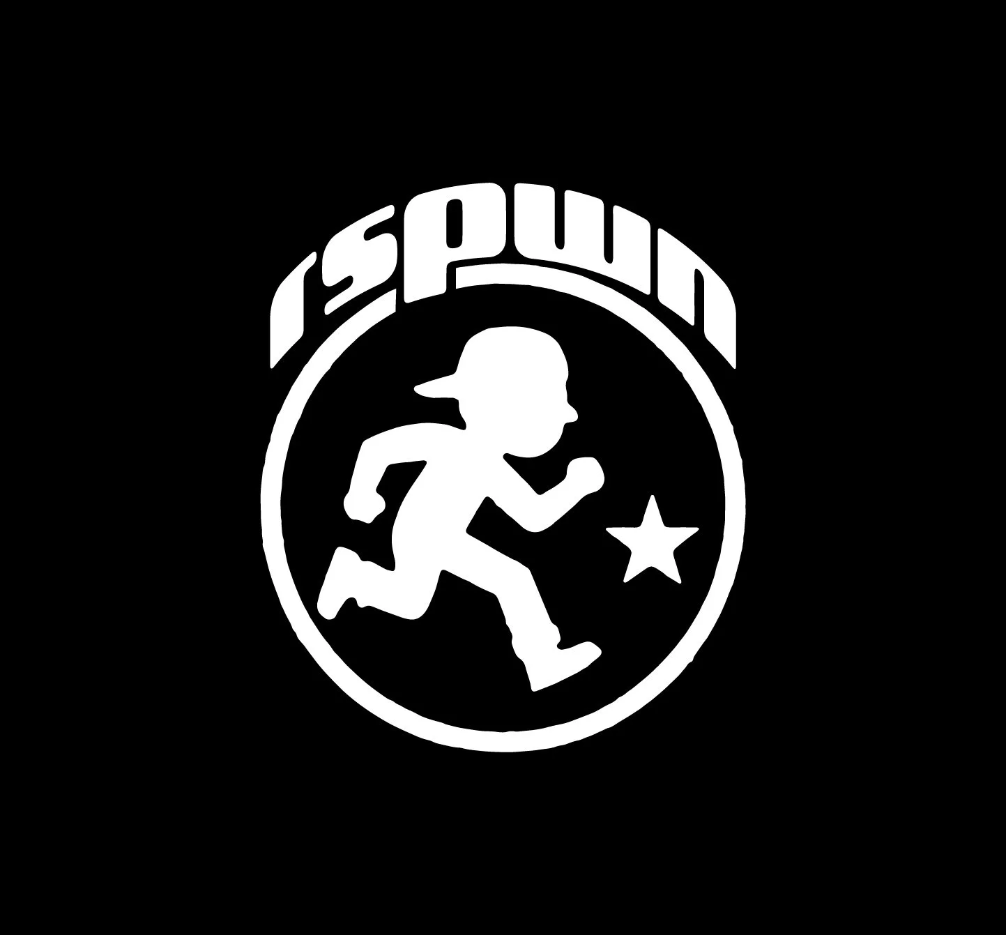 A black and white logo featuring a silhouette of a person running with a baseball cap, chasing a star, with the word 'RSPWN' arched above in bold letters.