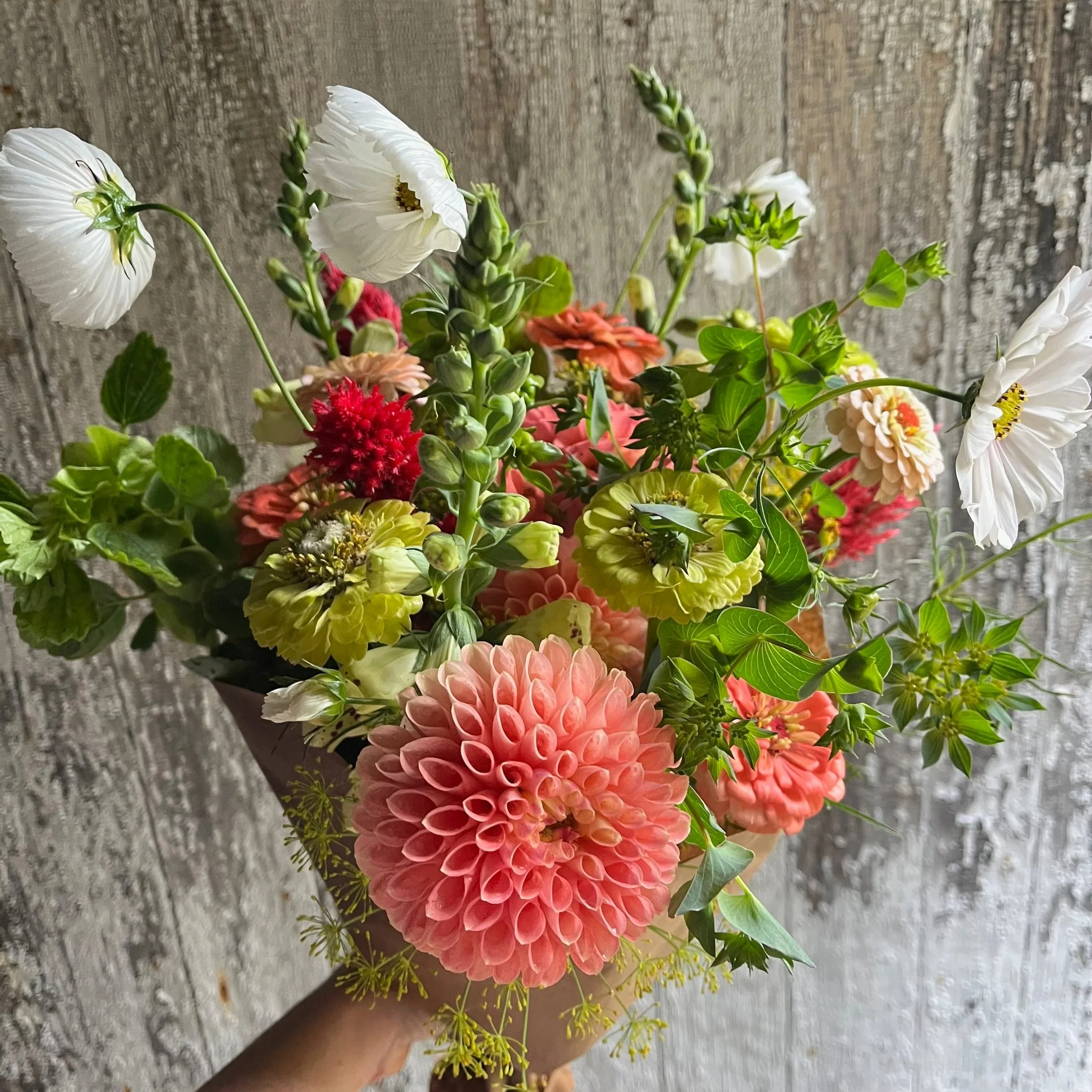 Colorful mixed flower bouquet with large pink dahlia, white poppies, green hydrangea, red celosia, and various greenery, against a rustic wooden background.