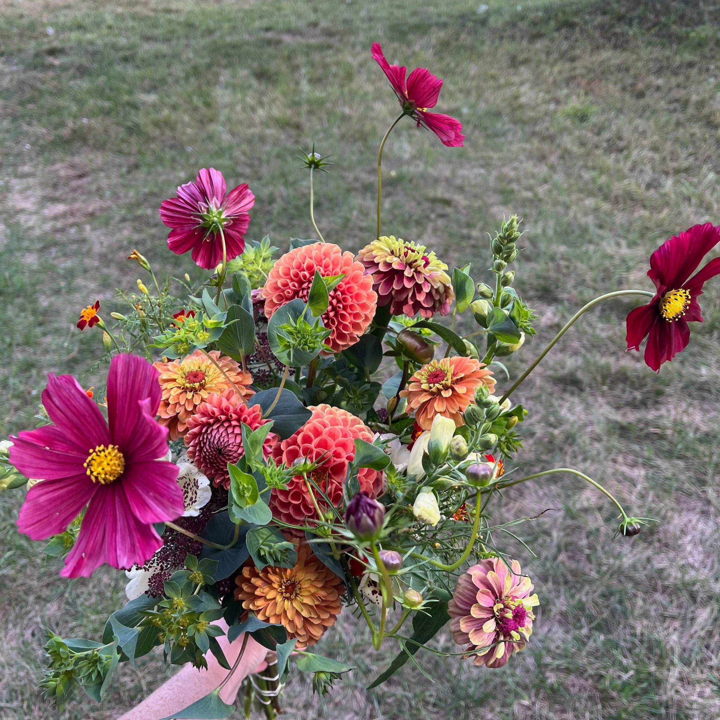 A colorful bouquet of various flowers, including pink cosmos, orange dahlias, and other multicolored flowers, held outdoors over grass.