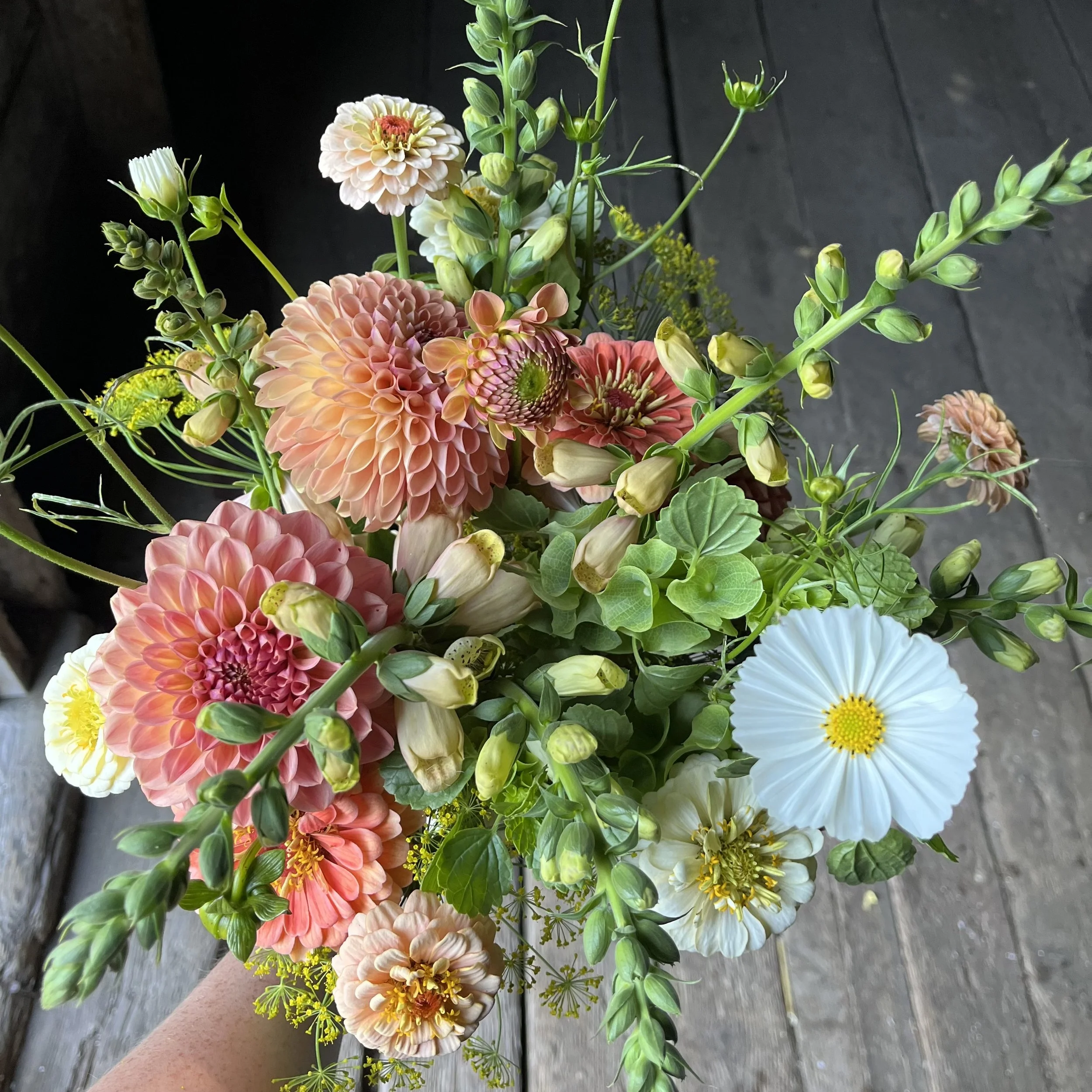 A hand holding a colorful bouquet of flowers including dahlias, daisies, and various green leaves and stems.