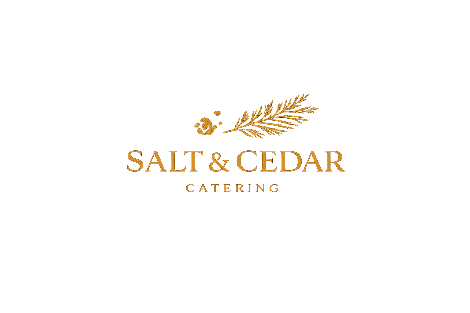 Black background with a gold logo for Salt & Cedar Catering, featuring a sprig of cedar and salt crystals above the text.