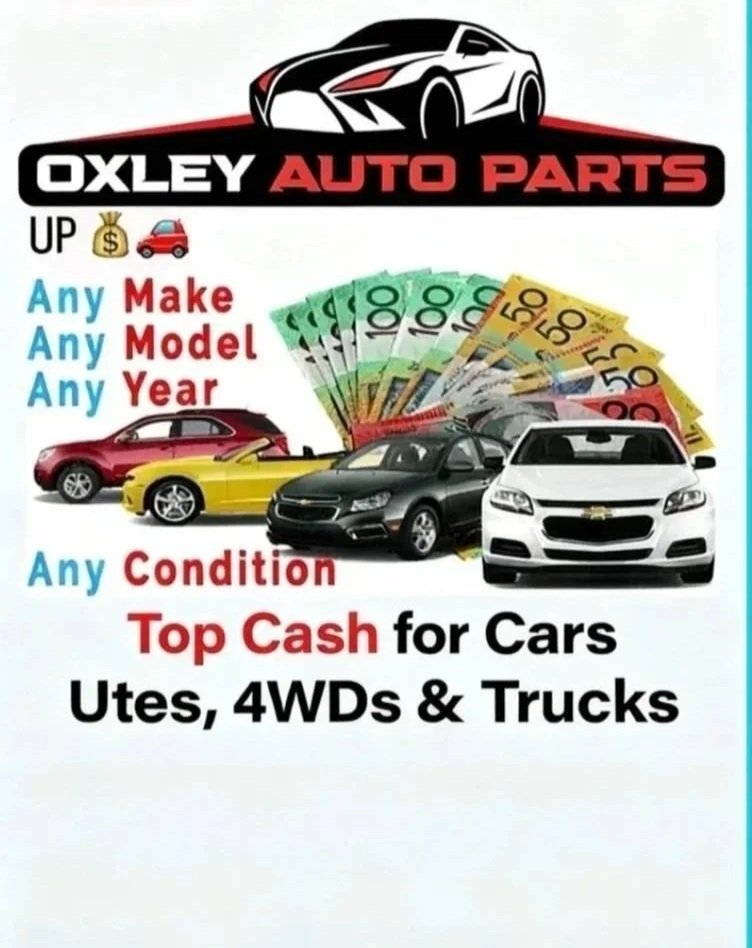 Advertisement for Oxley Auto Parts, highlighting cash offers for cars, Utes, 4WDs, and trucks of any make, model, year, and condition, with images of money and different cars.
