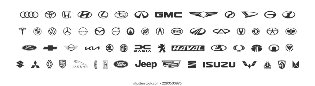 A collection of various automotive brand logos arranged in rows.
