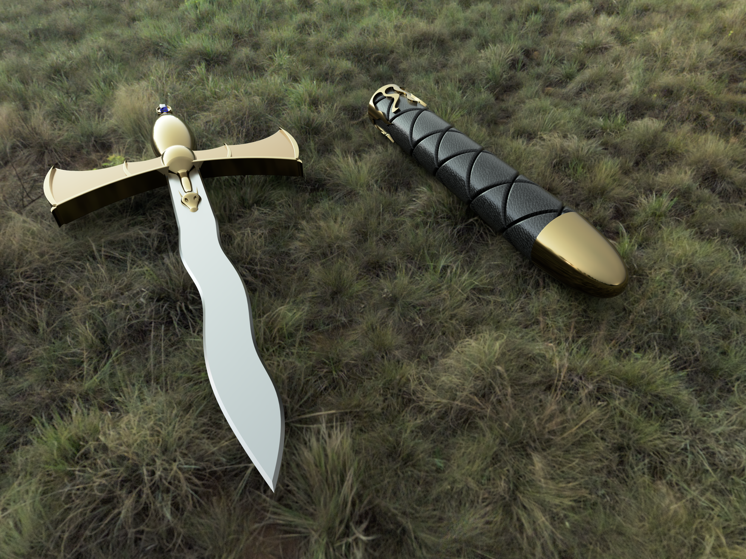 Digital rendering of dagger and scabbard made in Autodesk Fusion
