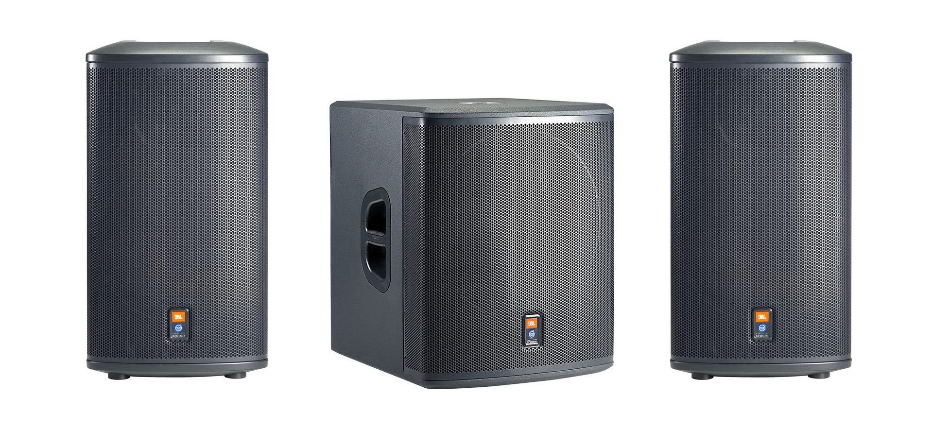 A set of three black professional audio speakers, two tall on the sides and one larger subwoofer in the center, with JBL logos on each.