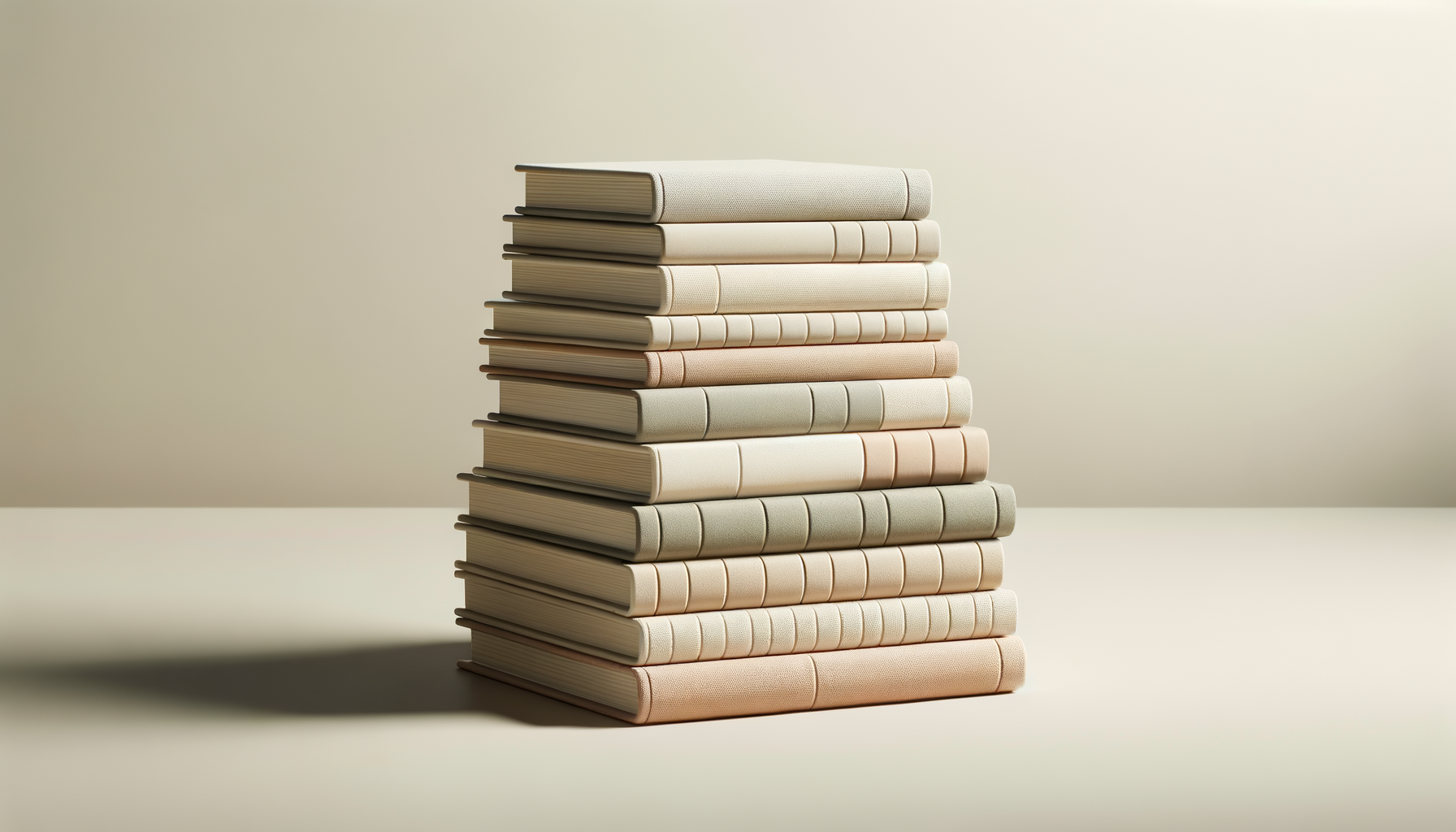 A stack of beige and cream-colored hardcover books on a white surface with a light-colored background.