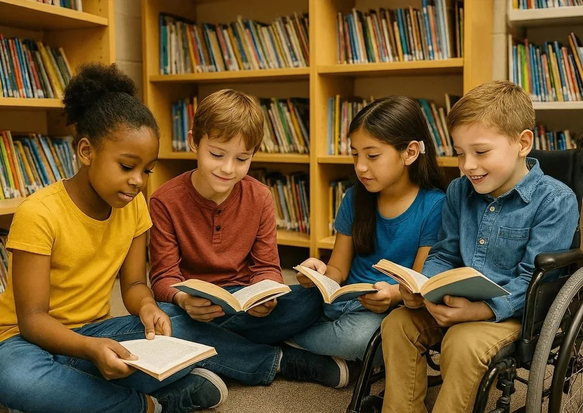Four children sitting on the floor in a library, reading books together.