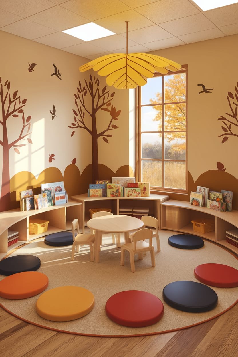 A cozy reading nook for children with a round rug, colorful round floor cushions, a small white table with chairs, built-in bookshelves with children's books, and wall murals of trees and birds. A large window lets in natural light and provides a view of autumn trees outside. A yellow leaf-shaped paper lantern hangs from the ceiling.