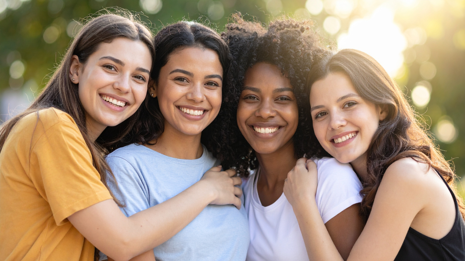 Four young women smiling and embracing outdoors in a park during daylight.