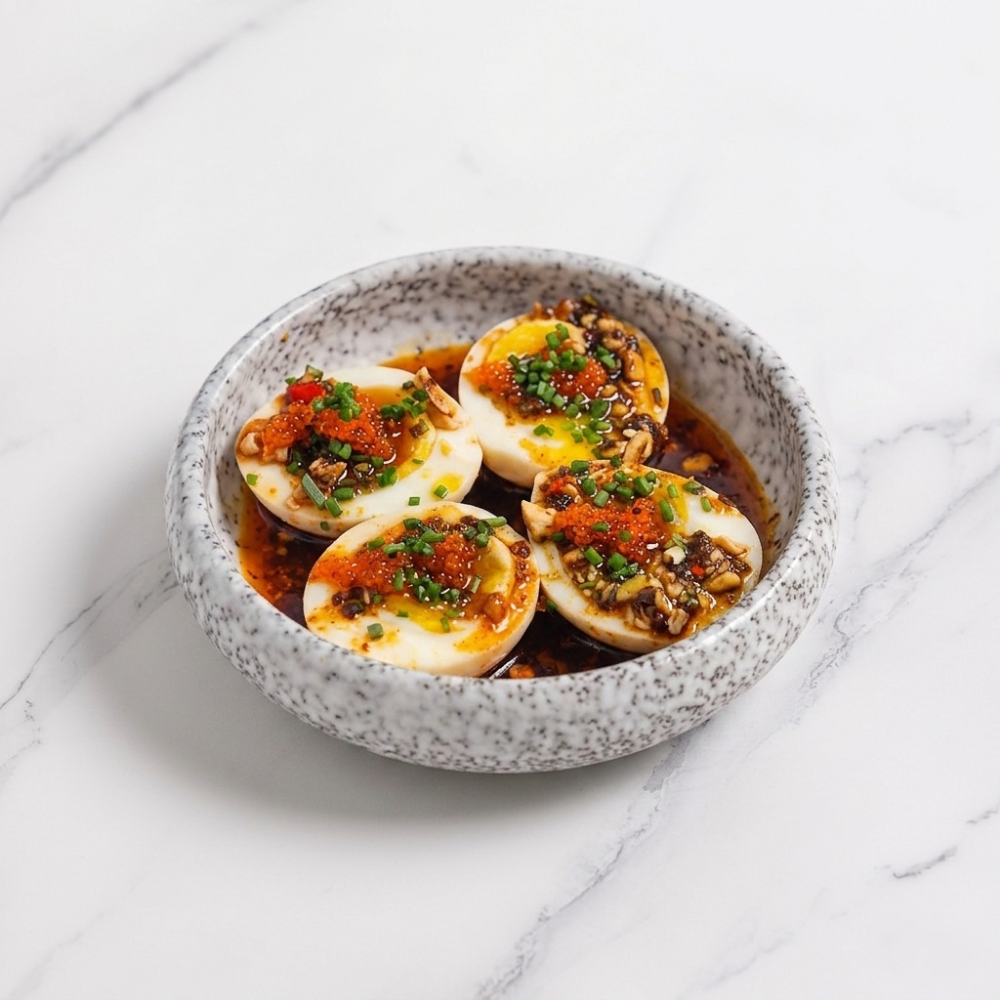 Lava Egg with Aromatic Chilli Oil & Japanese Tobiko 日本飞鱼籽辣油溏心蛋 🌶️ $10++