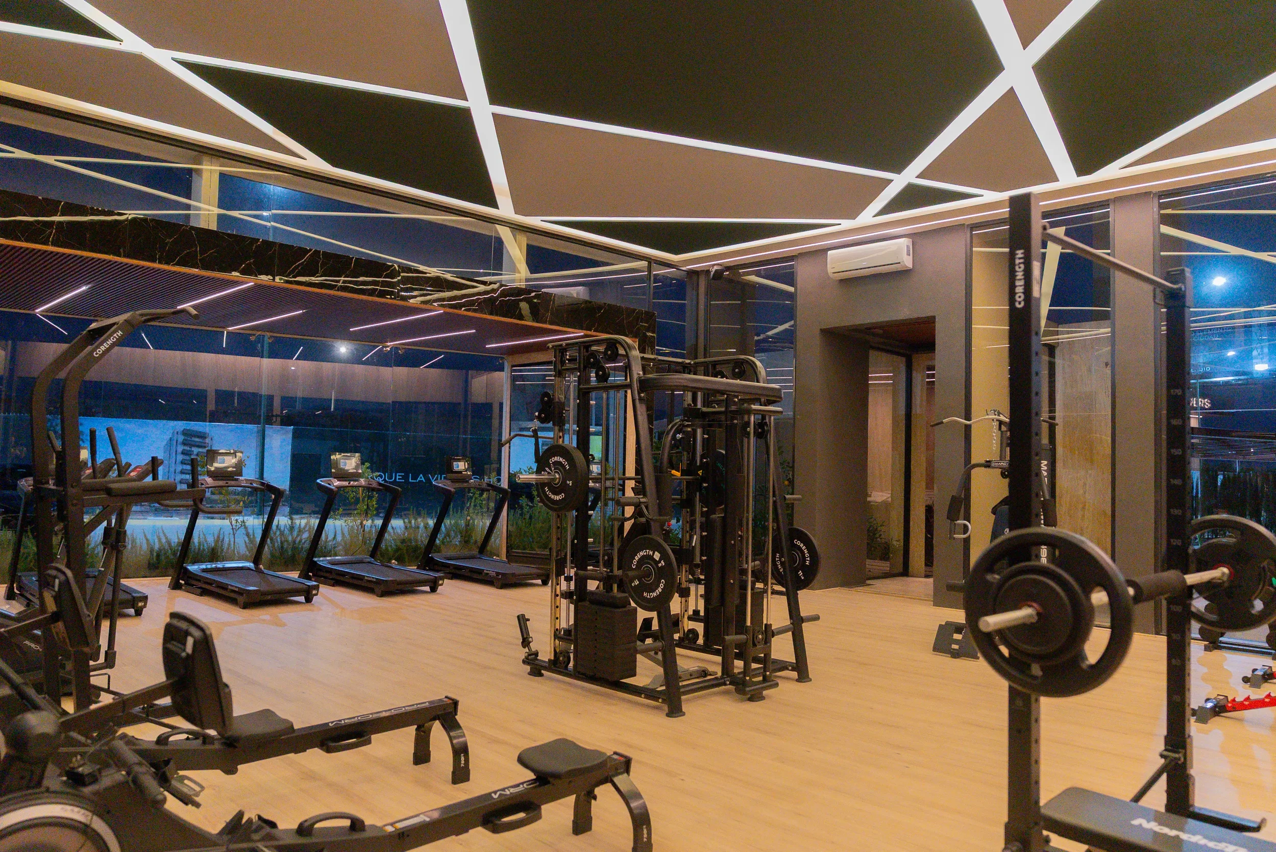 Modern gym with cardio machines, free weights, and modern lighting.