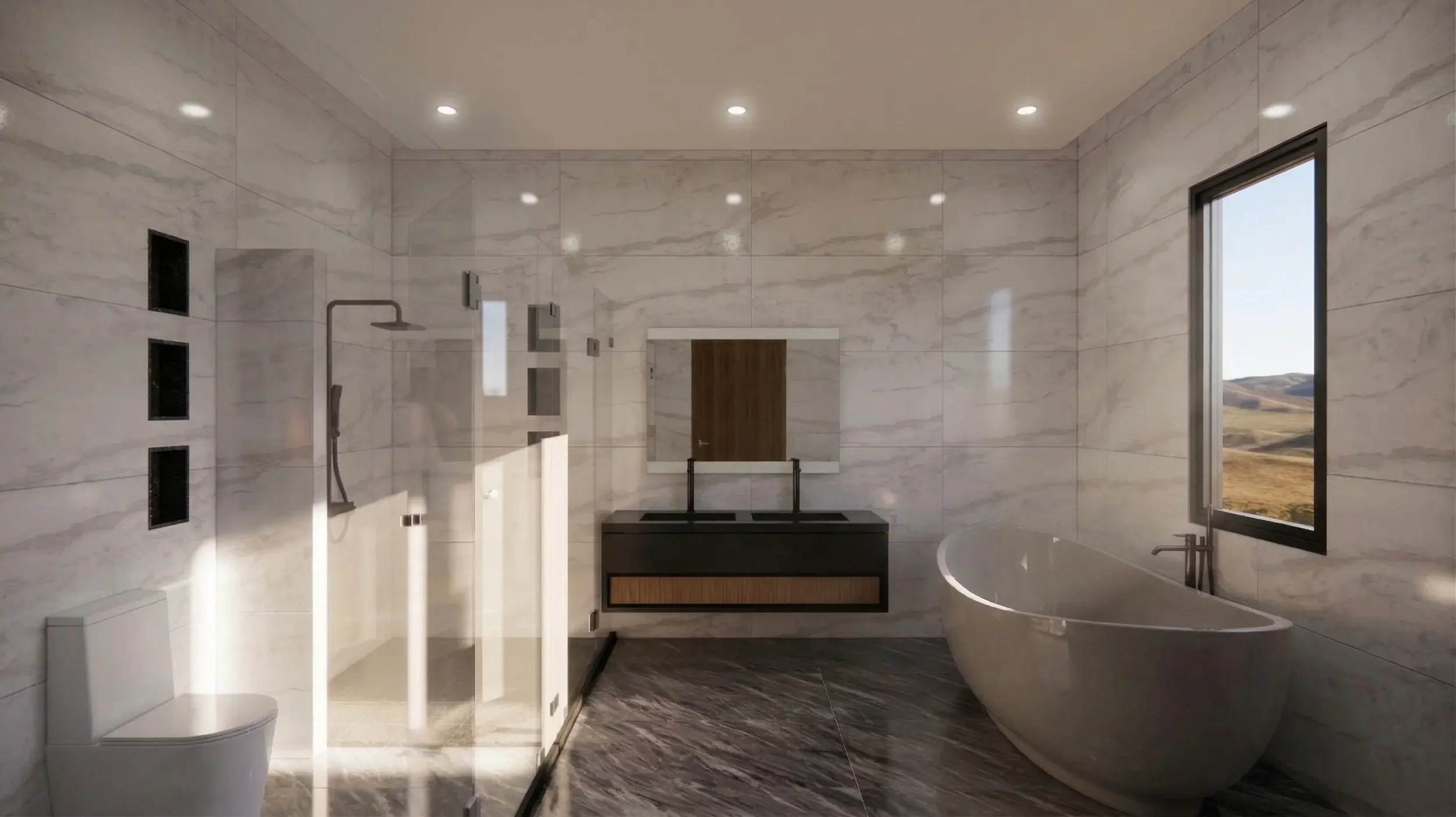 Modern bathroom with marble walls and floors, featuring a glass-enclosed shower, a freestanding bathtub, a black vanity with a mirror, and a window showing a landscape view.