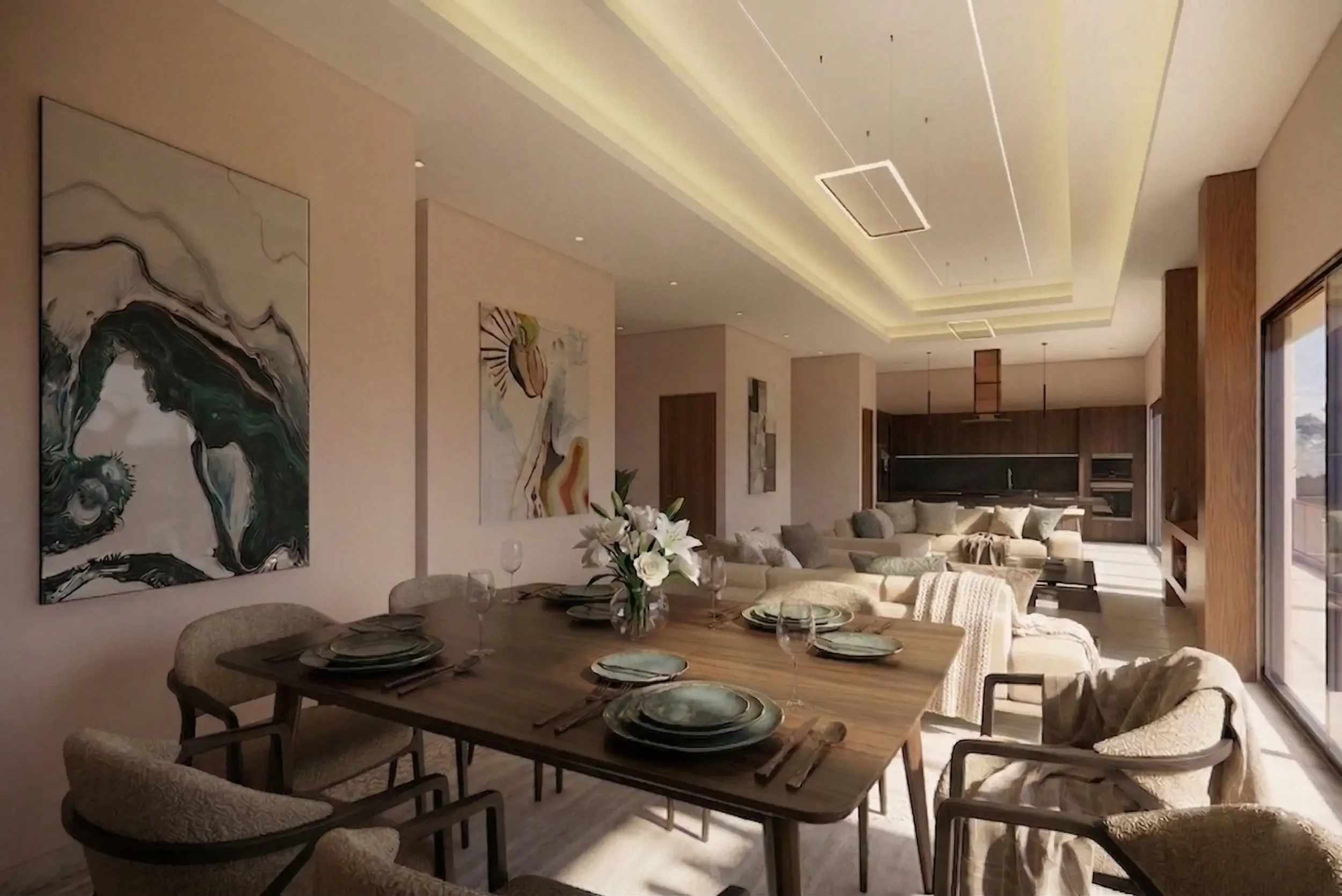 Modern open-concept living and dining area with artwork, wooden accents, and natural lighting.