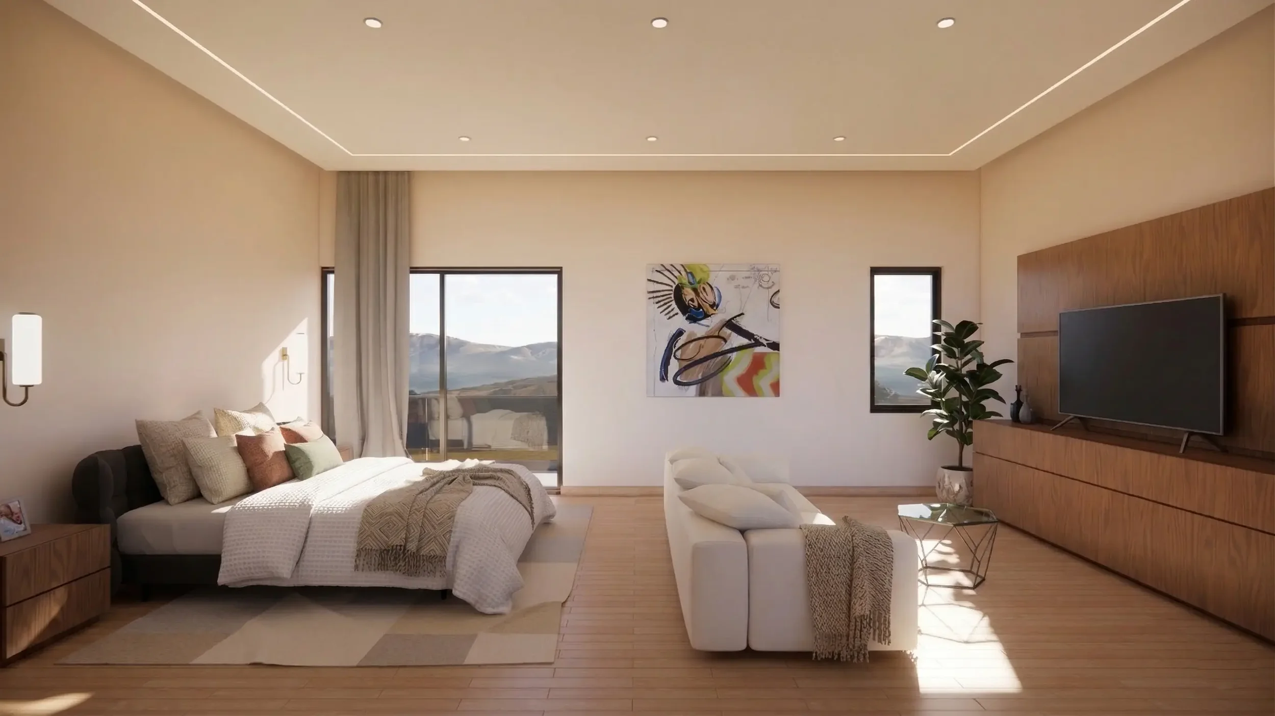 Modern living space with bedroom area, white sofa, wooden furniture, abstract wall art, and large windows showing mountain scenery.
