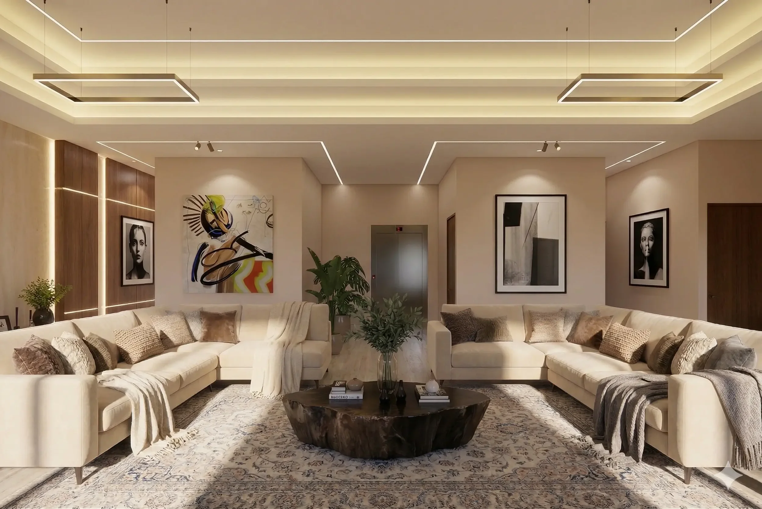 Luxury modern living room with two beige sofas, a wooden coffee table, and framed artwork on the walls.