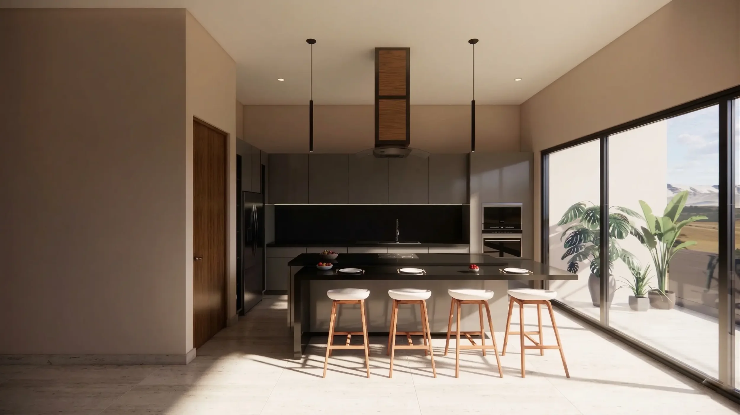 Modern kitchen with black island, four stools, large sliding glass doors, and potted plants outside.