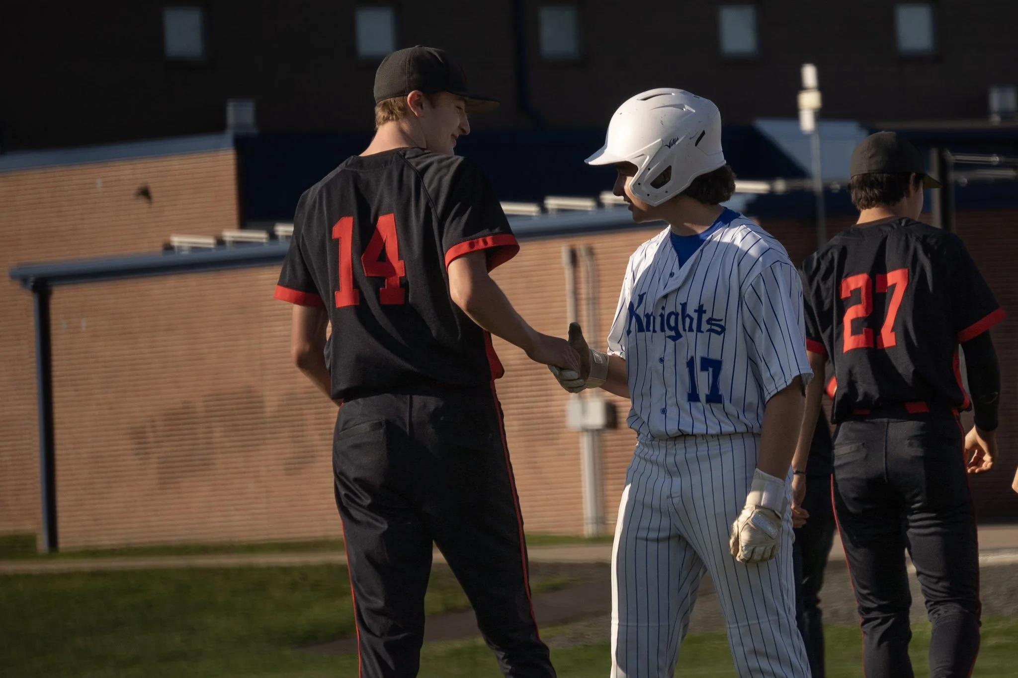 Two young baseball players shake hands on the field, one in a black uniform with the number 14 and the other in a white uniform with blue pinstripes and the number 17, wearing a white helmet. Two other players are in the background, one in a black un
