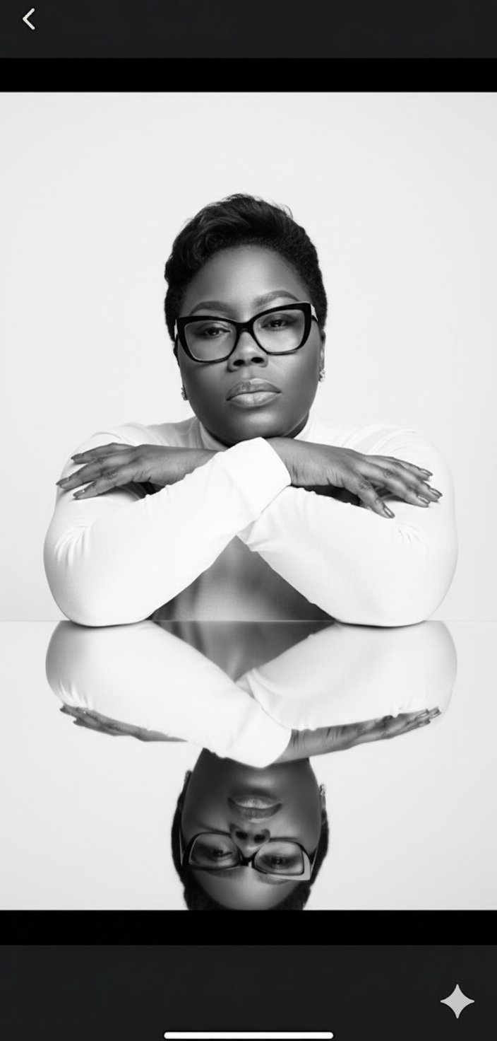 A woman with short hair, glasses, and earrings resting her chin on her crossed arms, with a reflection of her face and arms visible on a glossy surface in front of her, in black and white.