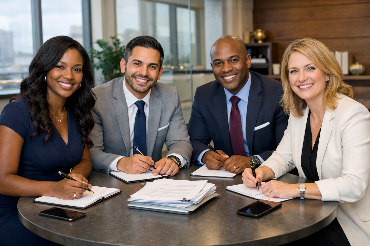 Four diverse business professionals, two men and two women, sitting at a table in a modern office, smiling, with notebooks and smartphones in front of them.