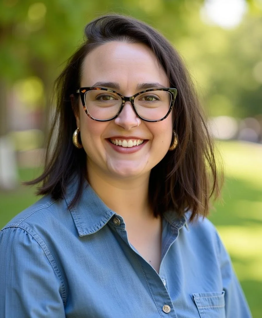 Smiling woman with curly hair, glasses, earrings, and layered necklaces, wearing a striped blouse.