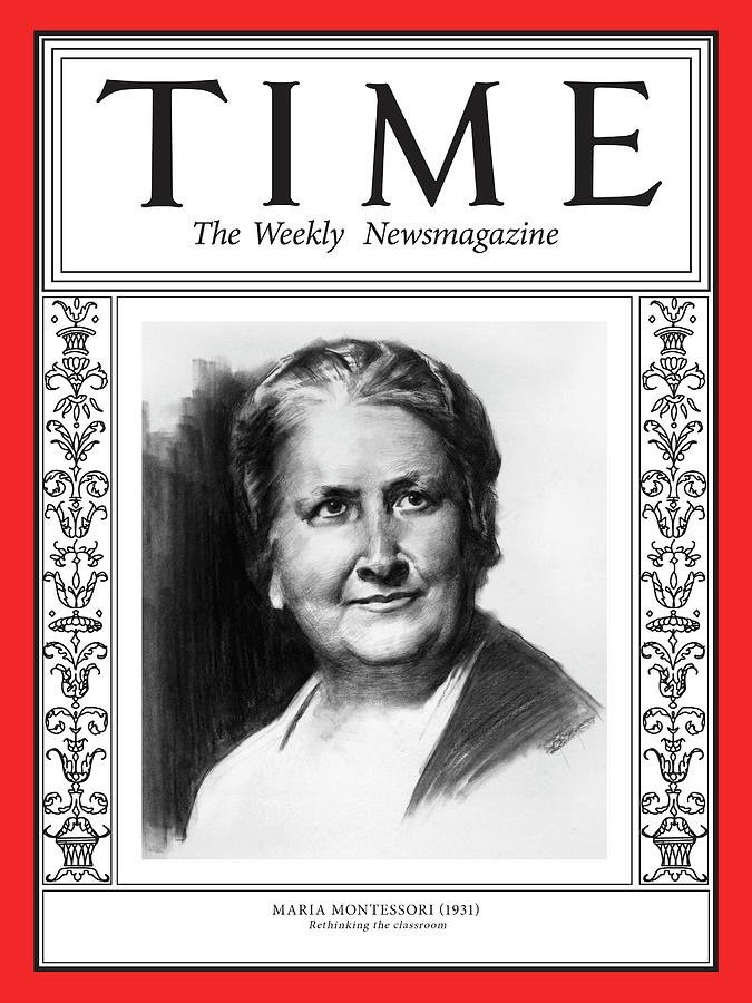 Cover of Time magazine featuring a black-and-white sketch of Maria Montessori, with decorative borders and red accents.