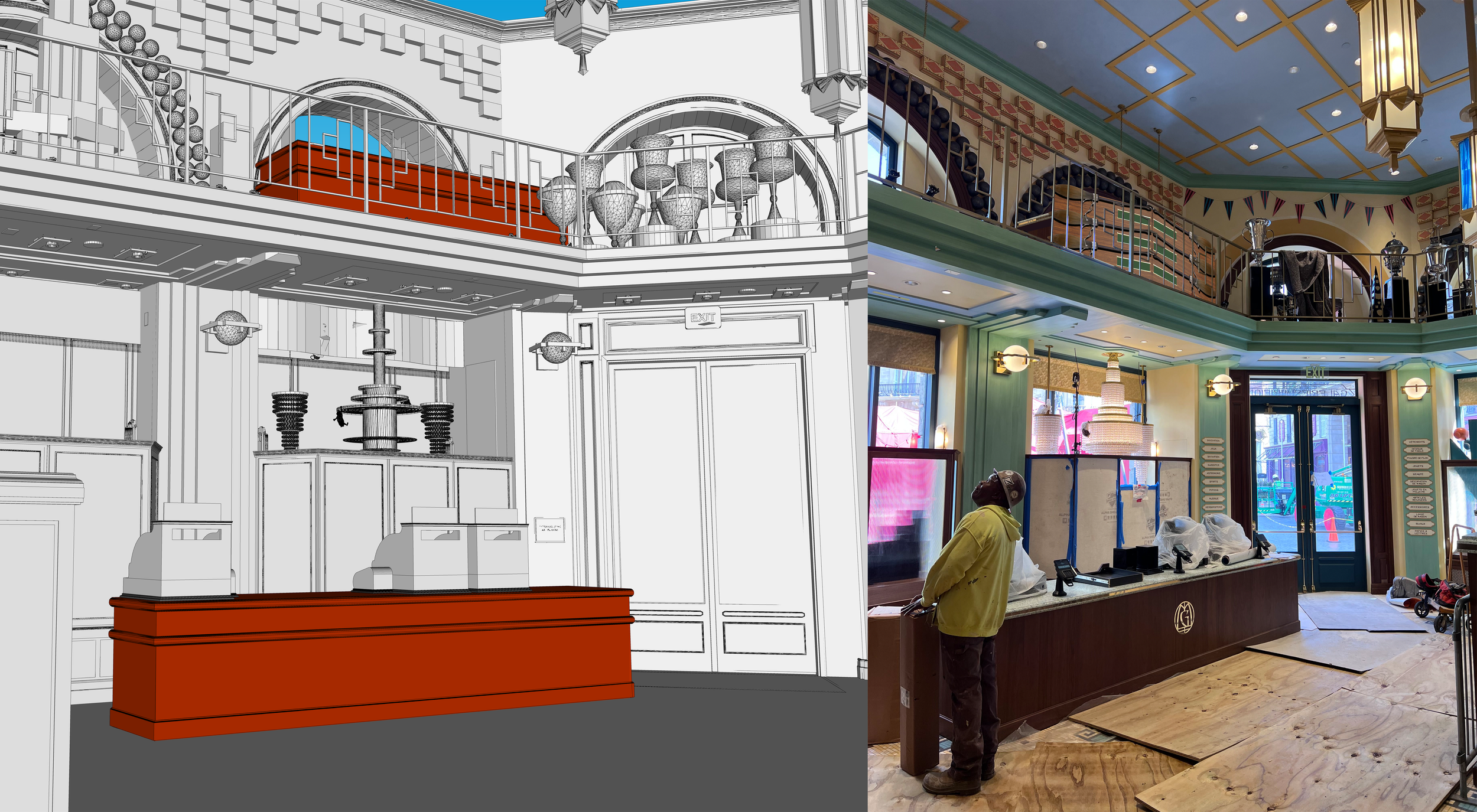 Comparison of a 3D rendered image and a real photo of a restaurant interior, showing the counter with a decorative canopy, upper balcony, colorful ceiling, and decor including lighting fixtures and bunting.