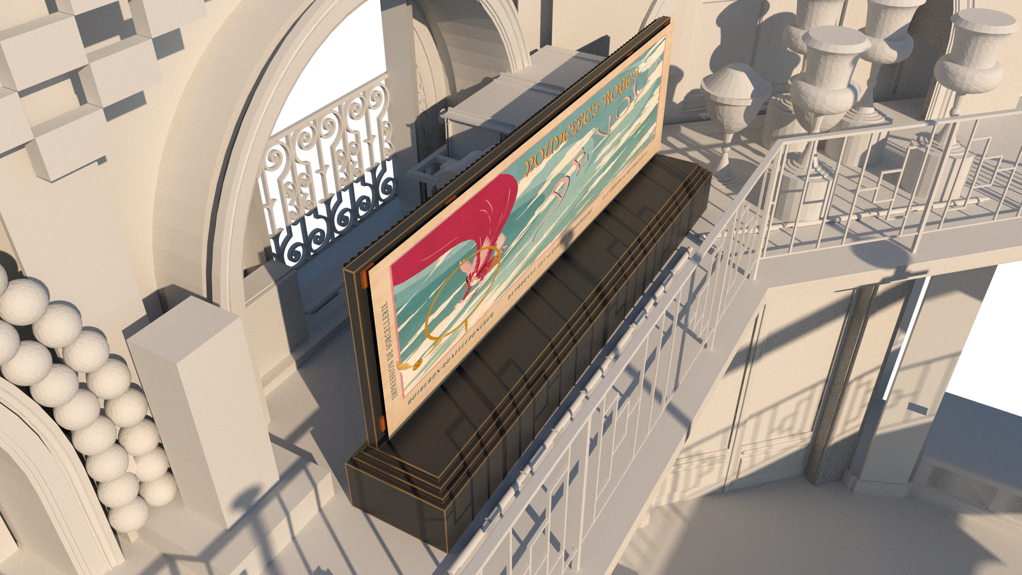 A billboard displaying an advertisement with a pink flamingo and ocean waves, mounted on a balcony with white railings above a street.