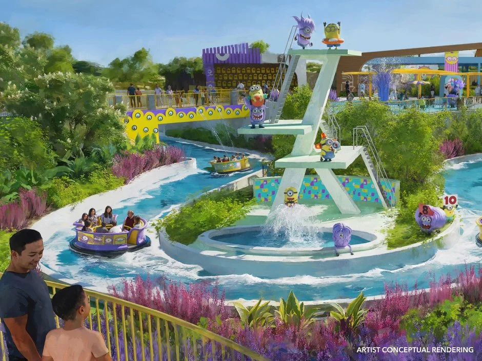 Colorful water park with rides featuring Minions characters, including water slides and a boat ride, surrounded by greenery and visitors.