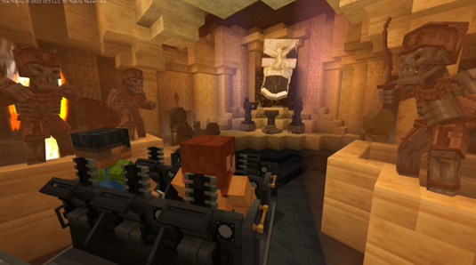 Minecraft scene with player in front of a large throne and ancient statues in a dimly lit cave.