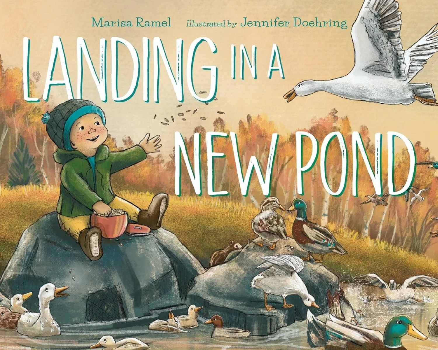 Book cover for 'Landing in a New Pond,' written by Marisa Ramel and illustrated by Jennifer Doehring. It features a young boy in a green jacket and yellow pants sitting on a rock near a pond, feeding many ducks, with a wooded autumn background.