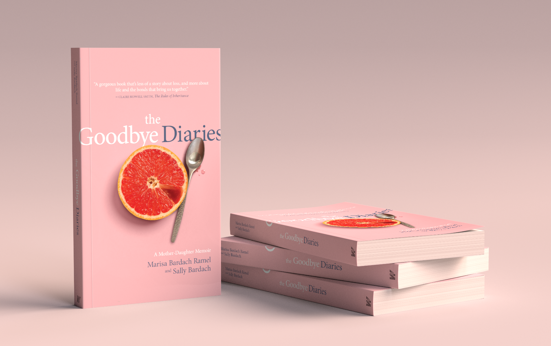 A pink book titled 'the Goodbye Diaries' by Marisa Bardach Ramel and Sally Bardach, with a picture of a grapefruit half and spoon on the cover. Several copies lie flat next to the standing book.