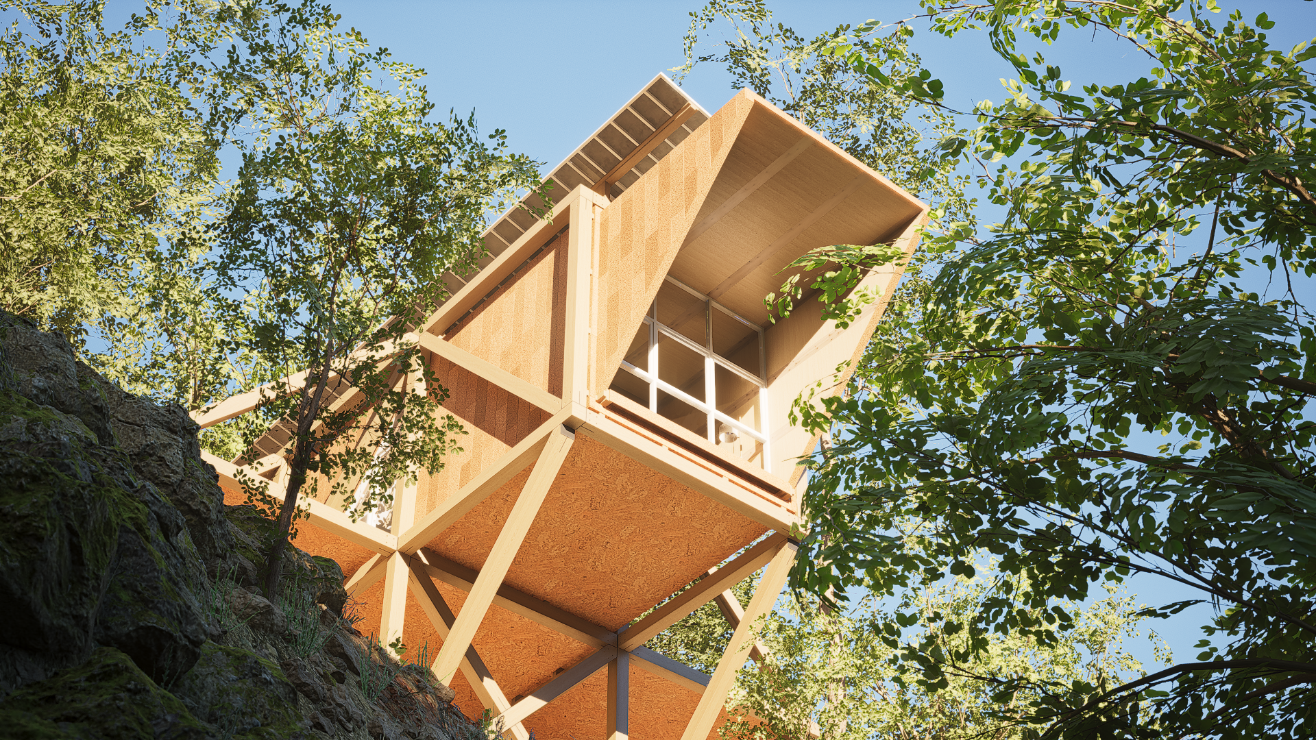 A modern wooden treehouse elevated among green trees against a blue sky.