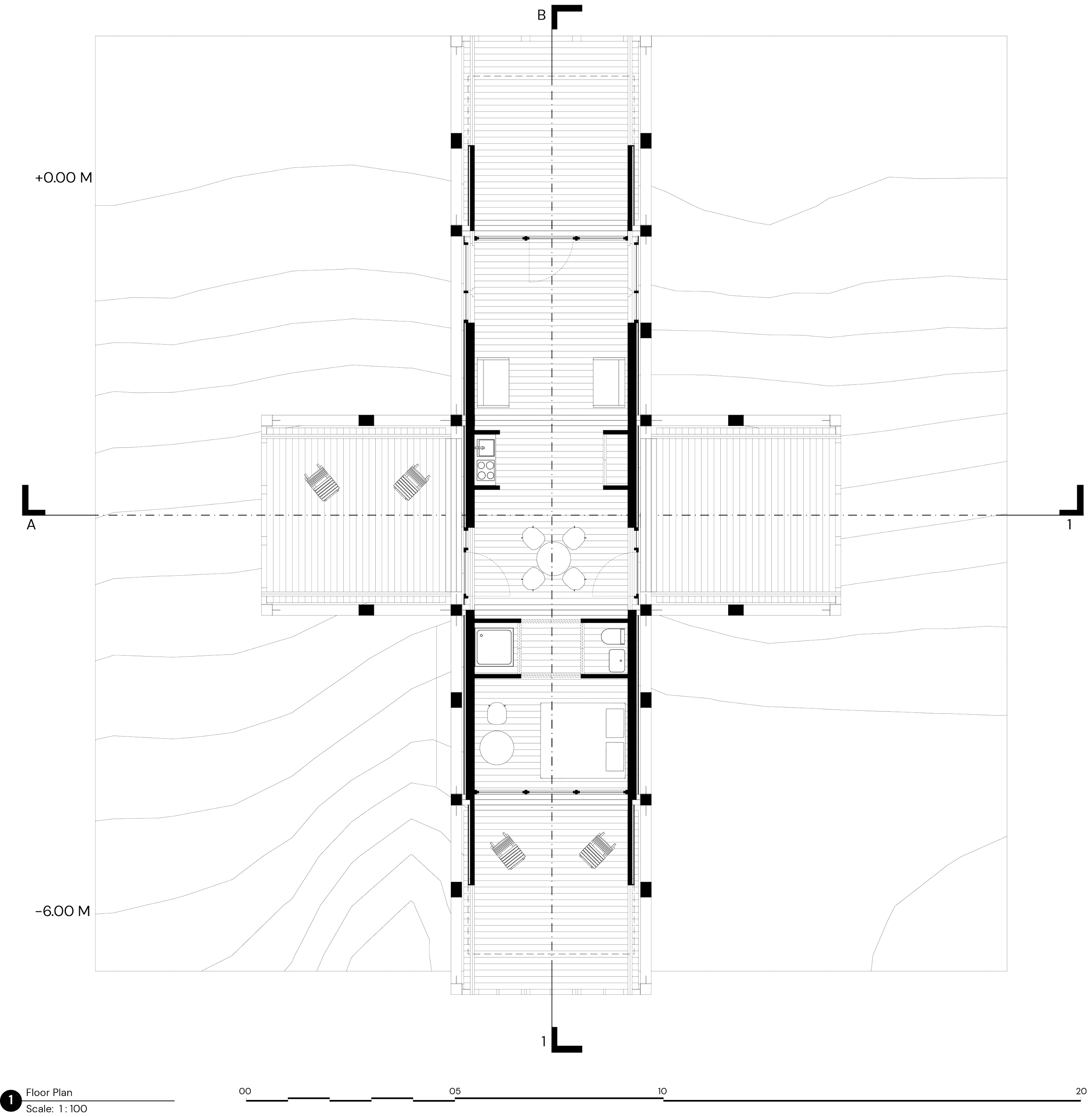 Architectural floor plan of a modern house with multiple rooms, outdoor decks, and surrounding contour lines indicating terrain elevation.