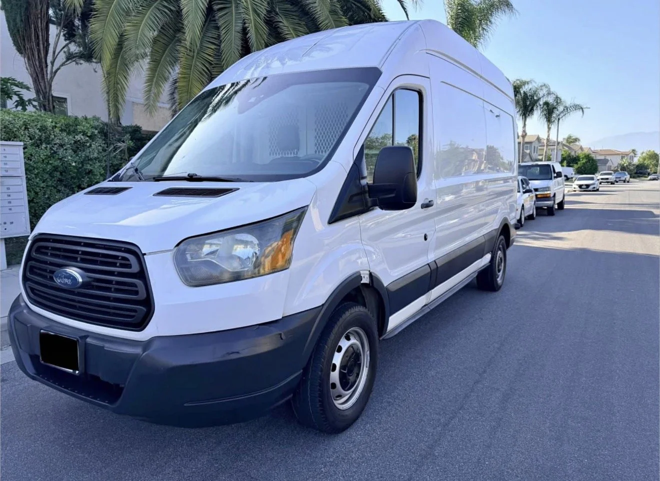 A white Ford cargo van parked on a street with palm trees and houses in the background.