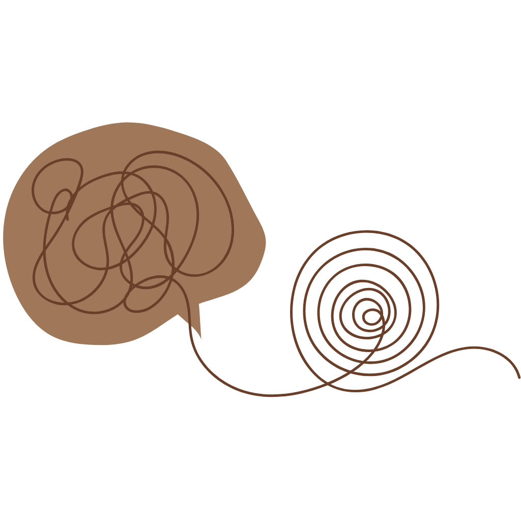 A brown tangled scribble representing confusion or chaos connected by a line to a brown spiral indicating clarity or focus.