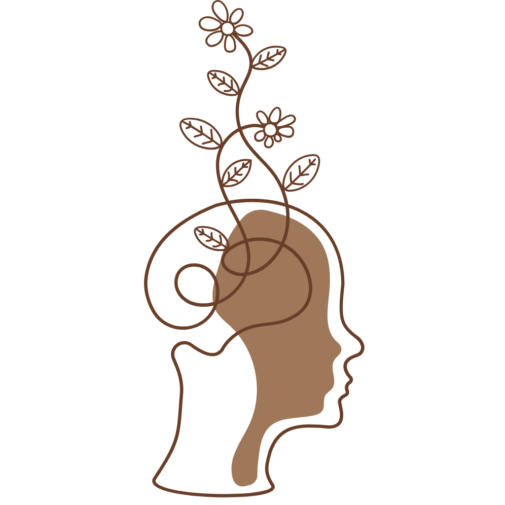 Outline drawing of a human head silhouette with floral and vine elements growing from the top, in brown lines on a black background.