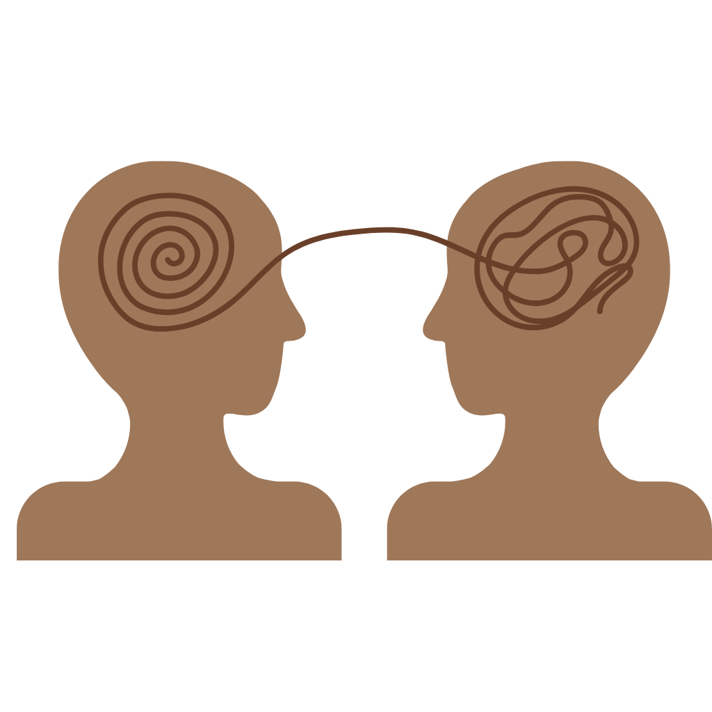 Illustration of two human heads facing each other, with spirals inside the head on the left and tangled lines in the head on the right, connected by a line indicating communication or mental connection.