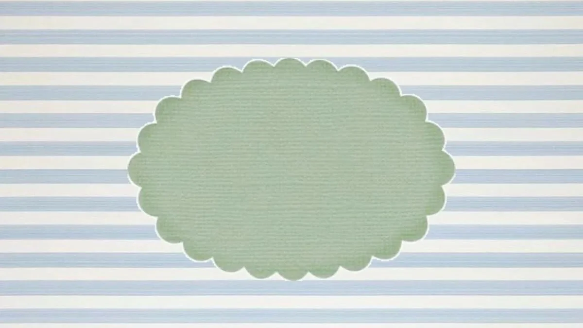 Light blue and white striped background with a large, scalloped-edged, green oval shape in the center.
