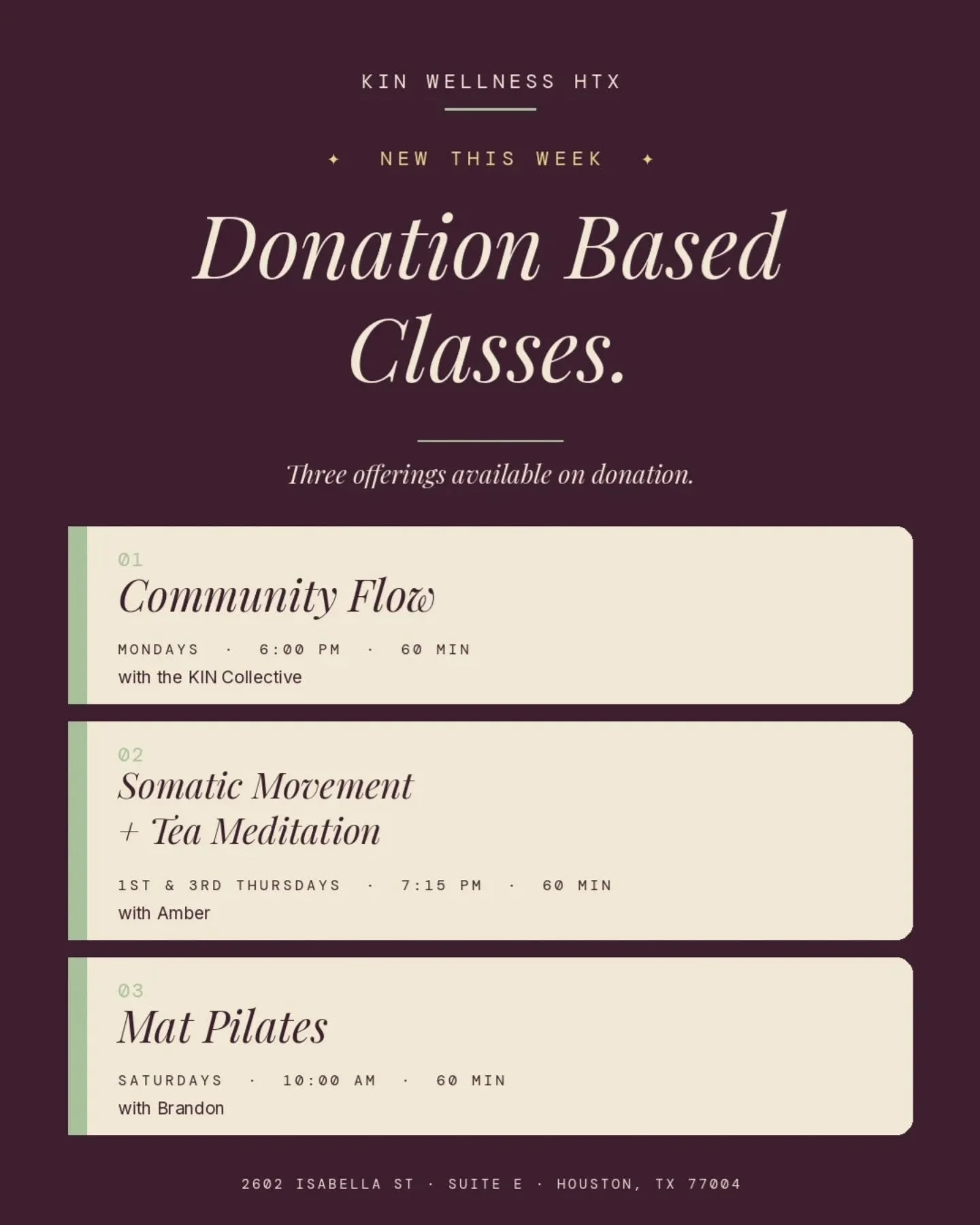 This week join one of our donation based classes:

💫 June 1st  @ 6pm w/ Patricia (@pats.mat)

💫 June 4th @ 7:15pm w/ Amber (@tobeambernicole) 

💫 June 6th @ 10am w Brandon (@b_a_r_s_) 

🔗in bio to join a class. 

#houstonwellness #wellnessinhoust